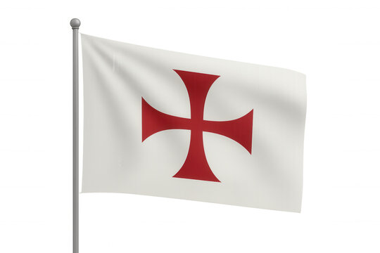 Waving knights templar medieval flag with distinctive red cross on white, transparent backdrop highlighting historical banner