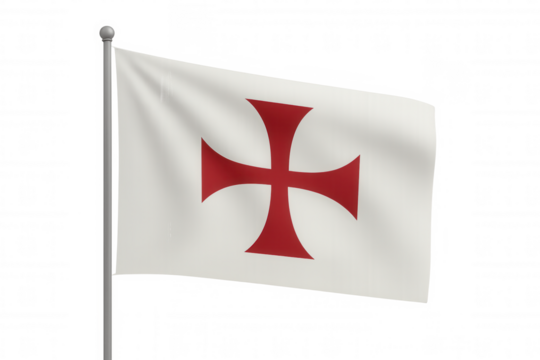 Waving knights templar medieval flag with distinctive red cross on white, transparent backdrop highlighting historical banner