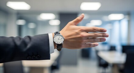 A business man extending his hand wearing a watch in an office setting ready to shake hands