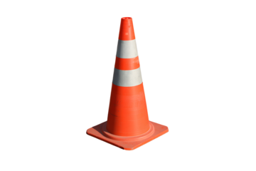 Single Traffic Cone with Reflective Stripe on Road Surface, Angled Side View, Isolated on Transparent Background