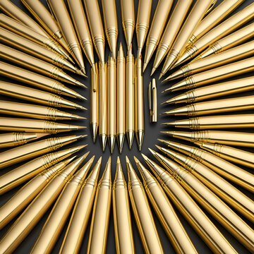 Gold pen standing out from chrome pens.3d rendering