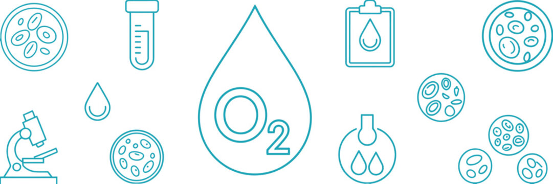 Aqua Icons Set featuring Microscope, Petri Dishes, Oxygen Drop on White