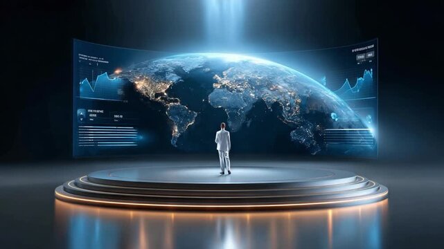 Global Insight: A lone figure stands illuminated, gazing upon a holographic projection of the world, accompanied by dynamic data visualizations, exploring themes of technology, foresight.