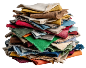 Stack of colorful fabric scraps textile material rough texture various colors sewing supply creative craft isolated vibrant cotton cheerful mood