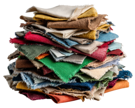 Stack of colorful fabric scraps textile material rough texture various colors sewing supply creative craft isolated vibrant cotton cheerful mood