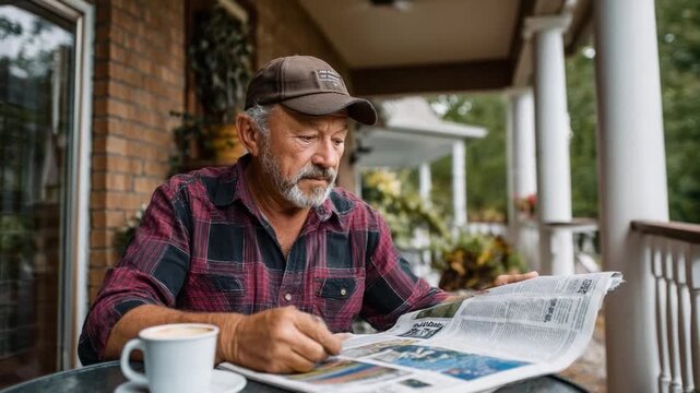 Morning Read: A focused senior man absorbed in the morning news, coffee in hand, enjoying a moment of tranquility on his porch. 