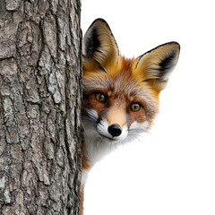 Curious Fox Peeking Behind Tree Trunk - Wildlife Animal Nature Photography
