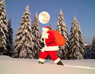 Santa Claus walks through a snowy forest, carrying a large sack under a full moon.