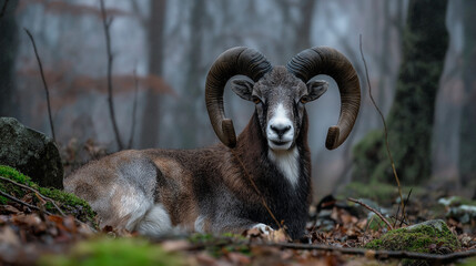 &ldquo;European Mouflon Ram with Large Horns Resting in Autumn Forest &ndash; Wildlife Nature Photography
