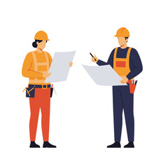 Two construction workers, a man and a woman, are reviewing building blueprints together, collaborating on a project with safety gear.