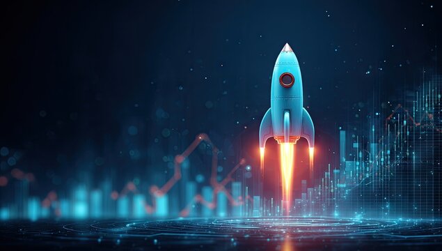 Rocket launching amidst vibrant financial data graphs, symbolizing growth and innovation