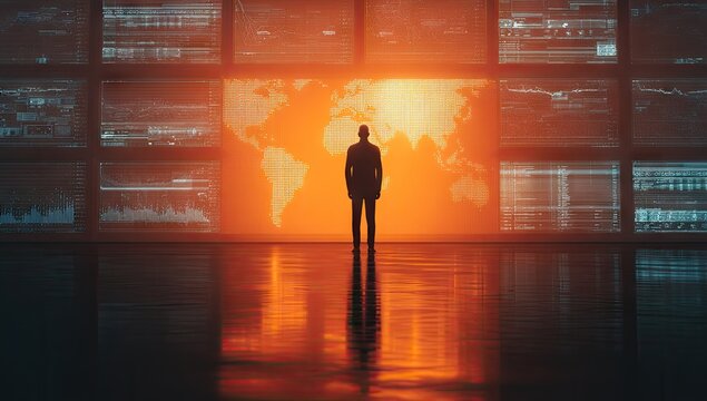 A lone figure surveys a global network of data streams on numerous screens