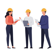 A diverse team of professional engineers and architects, wearing safety hard hats, collaboratively reviews project plans and blueprints.