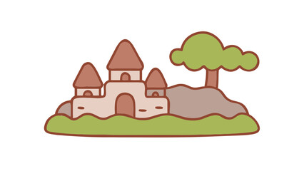 Cartoon illustration of a sandcastle on a small island with a tree.