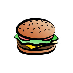 Stylized cartoon cheeseburger icon with a sesame seed bun, beef patty, and fresh toppings. Simple vector graphic art for fast food concepts, isolated on a white background.