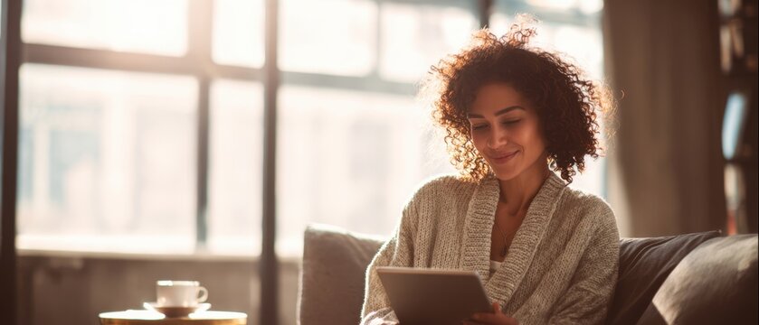 The woman enjoying a cozy morning while reading on her tablet at home.