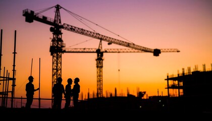 Construction workers at sunset
