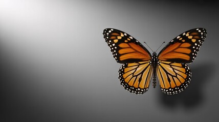Fototapeta premium Monarch butterfly on gray background, orange wings spread, nature, metamorphosis, freedom, delicate beauty.