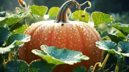 Vibrant pumpkin patch showcasing autumnal harvest with dew drops on leaves and fruit, perfect for fall celebrations - Powered by Adobe