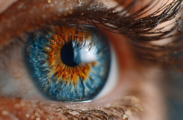 Close-up of a human eye with vibrant blue and amber iris and detailed eyelashes