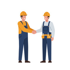 Two smiling male construction workers in safety gear are shaking hands, symbolizing a successful partnership, agreement, or a new professional collaboration.