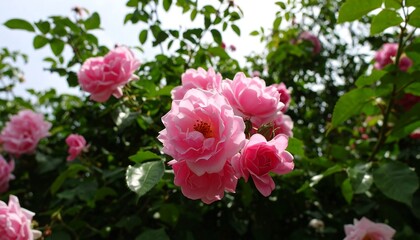 Pink roses bloom in a garden.