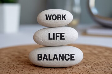 Work life balance concept with stacked white stones, wellness, stress management, harmony, mindfulness.