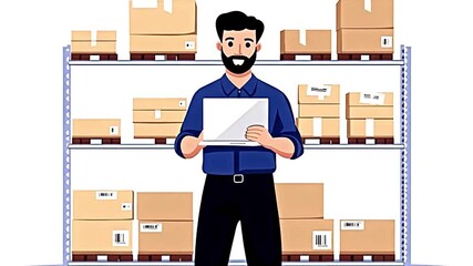 Warehouse worker performing various tasks, including checking inventory, filling out paperwork, and consulting a tablet, all while standing in front of shelves stocked with cardboard boxes - Powered by Adobe