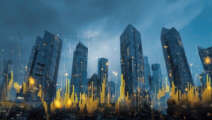 Skyscrapers at dusk overlaid with dynamic data visualizations