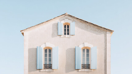 Obraz premium Frontal facade of a minimalist house with blue shutters against a clear sky