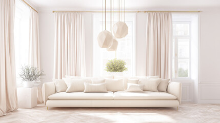 Minimalistic neoclassical living room with soft hues and natural light in a serene setting