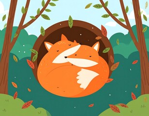 Two foxes cuddling in a forest hollow. Autumn leaves surround them