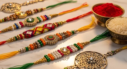 Raksha bandhan celebration with beautiful rakhi designs and rice tilak for the hindu festival day