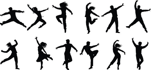 Silhouettes of dancers in various elegant dance poses, ballet movements, artistic performance, choreography, isolated on white background, vector illustration