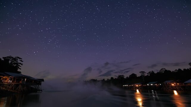 Twilight River Scene Under a Starry Sky With Reflections on the Water and Silhouetted Trees Along the Shoreline, Capturing a Sense of Tranquility