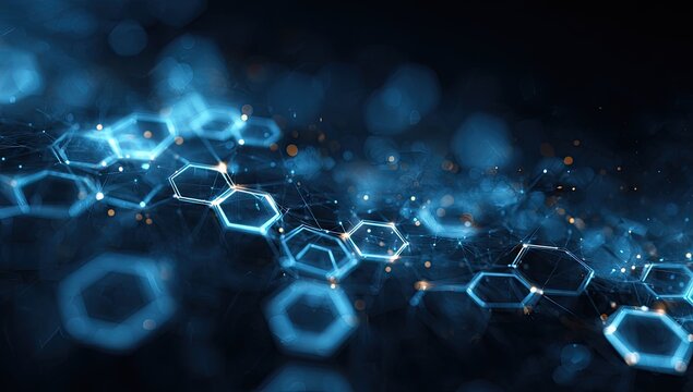 Abstract blue hexagonal network glowing in dark background - Powered by Adobe