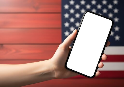 Hand holding smartphone with blank screen in front of american flag and wooden surface for patriotic content or business - Powered by Adobe