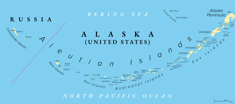 Aleutian Islands, political map. Most of the archipelago belong to the U.S. state of Alaska, while the Commander Islands in the very west belong to the Russian federal subject Kamchatka Krai. Vector