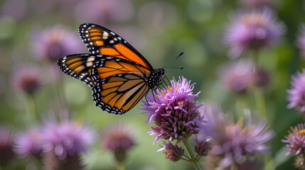 Naklejka premium closeup of adult monarch butterfly resting on purple hebe plant flowers in bloom