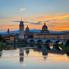 Fototapeta premium Pisa, Arno river, Ponte di Mezzo bridge. Lungarno sunset view. Tuscany, Italy