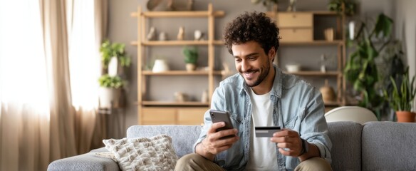 The happy man enjoying online shopping at home with a smartphone and credit card.