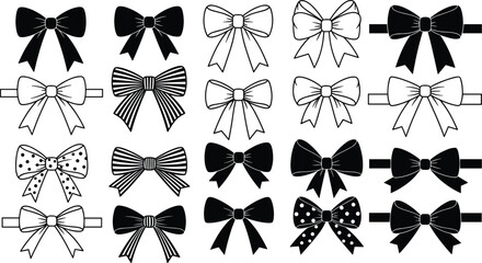 Vector bow silhouettes set – elegant ribbons, gift wrap bows, fashion accessories, black and white bowtie icons and decoration