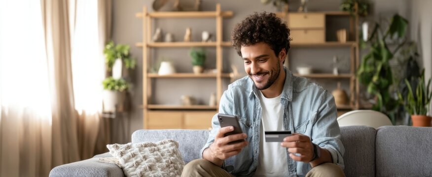 The happy man enjoying online shopping at home with a smartphone and credit card. - Powered by Adobe