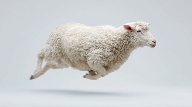 Flying sheep mid-air leap with fluffy white wool against clean background