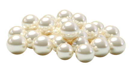 Scattered natural pearls in various sizes with soft light on transparent background