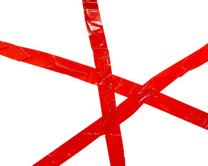 Blank three wrinkled red tape in a cross, meaning warning barrier, caution tape, hazard, crime scene, danger, police line, design for decoration on transparent background