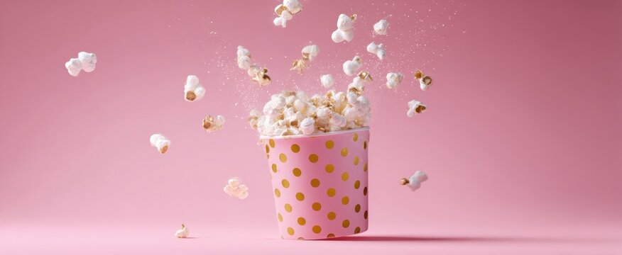 The playful explosion of popcorn from a vibrant polka dot cup.