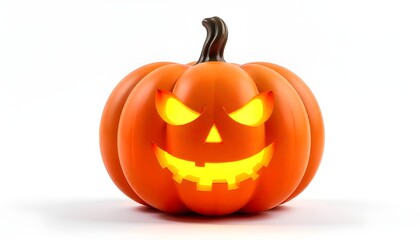 Fototapeta premium Glowing carved Halloween pumpkin with a scary face and bright light inside for festive decoration 