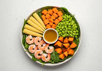 Vibrant poke bowl with shrimp sweet potato edamame corn and greens healthy lunch or dinner meal idea