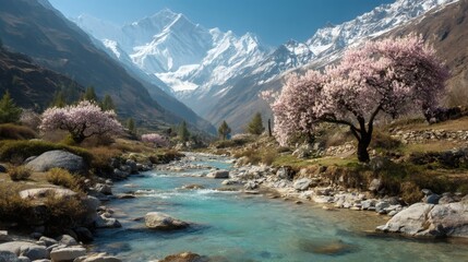 Obraz premium Serene Mountain Valley With Blooming Trees And Clear River image photo